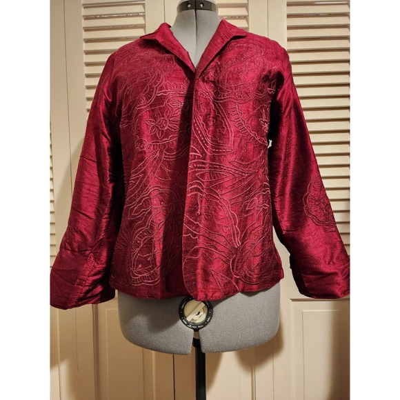 Anu Tops - Anu 100% Pure Silk Embossed Jacket Burgundy Blazer Women's Size L